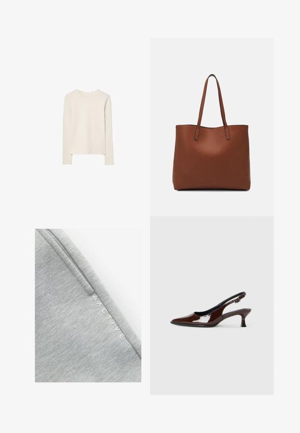 Svetlo béžový top s dlhým rukávom z mäkkej tkaniny, s okrúhlym výstrihom a voľným strihom, rovný lem a s minimálnymi detailmi šitia.; Šedá športová tkanina s hladkým, textúrovaným povrchom a jemným škvrnitým vzorom. Slovo "ACTIVE" je vytlačené na boku v bielej farbe.; Hnedá lakovaná slingback obuv s špicatou špičkou a mierne vysokým opätkom. Obsahuje pracku pre bezpečné upevnenie. Hladká textúra.; Hnedá kožená taška na rameno s hladkou textúrou, otvoreným vrchom a dvoma ramenými popruhmi. Má minimálne šitia a žiadne viditeľné kovania.