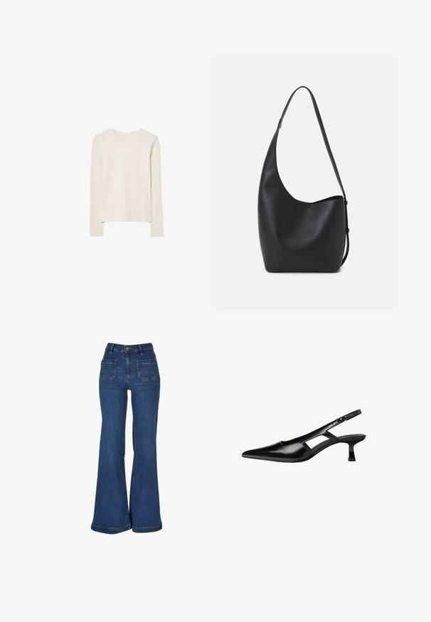 Ljusbeige långärmad topp i mjukt material, med rund halsringning och en avslappnad passform med rak nederkant och minimal sömdekoration.; Hög midja utsvängda jeans i mörkblå denim, med fem fickor, gula sömmar och knappstängning i midjan.; Svart lackläder slingback-klackar med spetsig tå, utskuren sidor och en liten fyrkantig klack. Slät textur med minimala accenter.; Svart läder hobo-väska med en slät textur, kurvig form och en justerbar axelrem; har en bred öppning upptill.