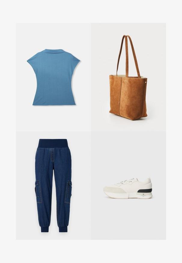 Blå kortermet topp med en myk tekstur, som har høy hals og en tettsittende kropp som blomstrer forsiktig ved kanten.; Dongeribukser med bred elastisk midje, to sidetasker og ribbestrikkede ankler; mørkeblå farge med kontraststing.; Hvite sneakers med en teksturert ser ut som en suede tåhette, glatt mesh-overdel, dekorative snørebånd og en svart gummihælaccent.; Brun semsketotebag med to lange håndtak, en jevn tekstur og sydd detaljer, med et enkelt, strukturert design.
