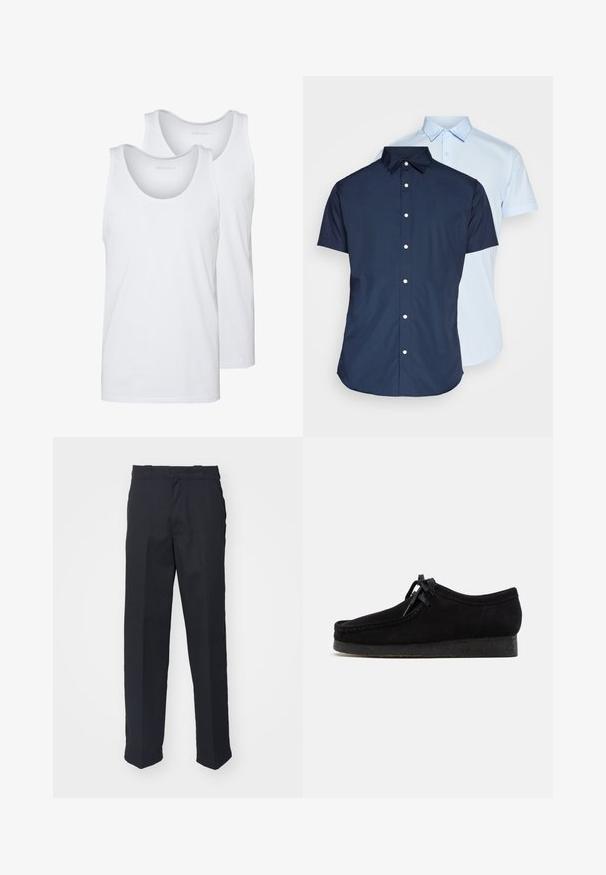 T-shirts brancos de algodão com decote arredondado, apresentando uma textura suave. Dois exemplares expostos, rotulados "PIER ONE."; Camisas de botão de manga curta, uma azul-marinho e uma azul clara, com colarinhos, aba frontal e textura de tecido suave.; Calças pretas sob medida com corte reto, feitas de um tecido suave, apresentando uma cintura com passantes e sem padrões ou acessórios visíveis.; Sapatos pretos de camurça com um design de biqueira arredondada, frente com atacadores e sola de borracha preta texturizada. Parte superior lisa com detalhes de costura subtis.