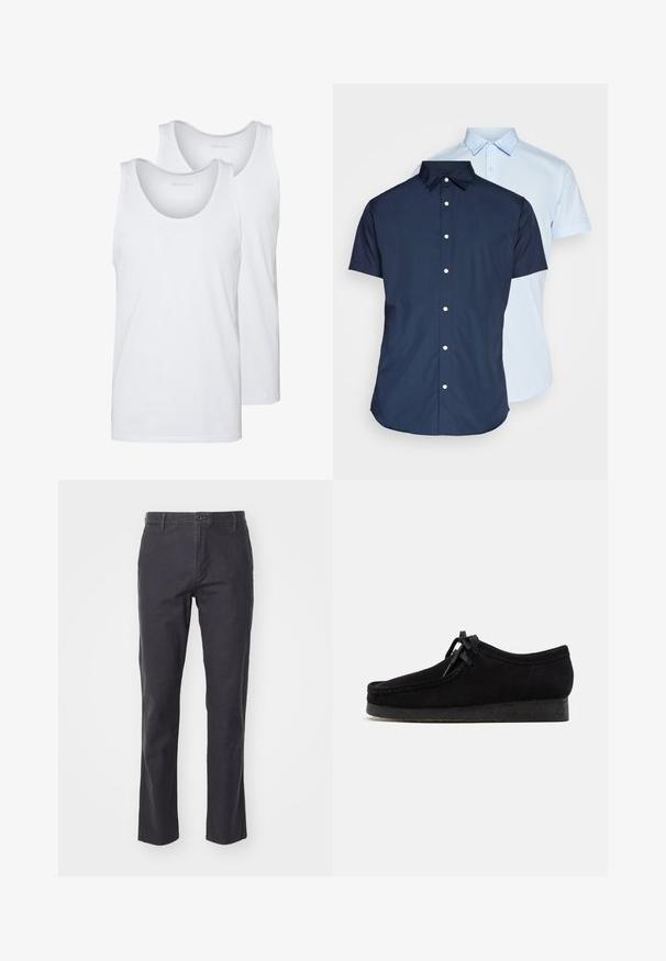 White cotton tank tops with rounded necklines, featuring a smooth texture. Two pieces displayed, labeled "PIER ONE."; Short-sleeve button-up shirts, one navy and one light blue, featuring collars, a front placket, and smooth fabric texture.; DOCKERS ORIGINAL - Chinos - asphalt brushed dobby; Black suede shoes with a rounded toe design, a lace-up front, and a textured black rubber sole. Smooth upper with subtle stitching detail.
