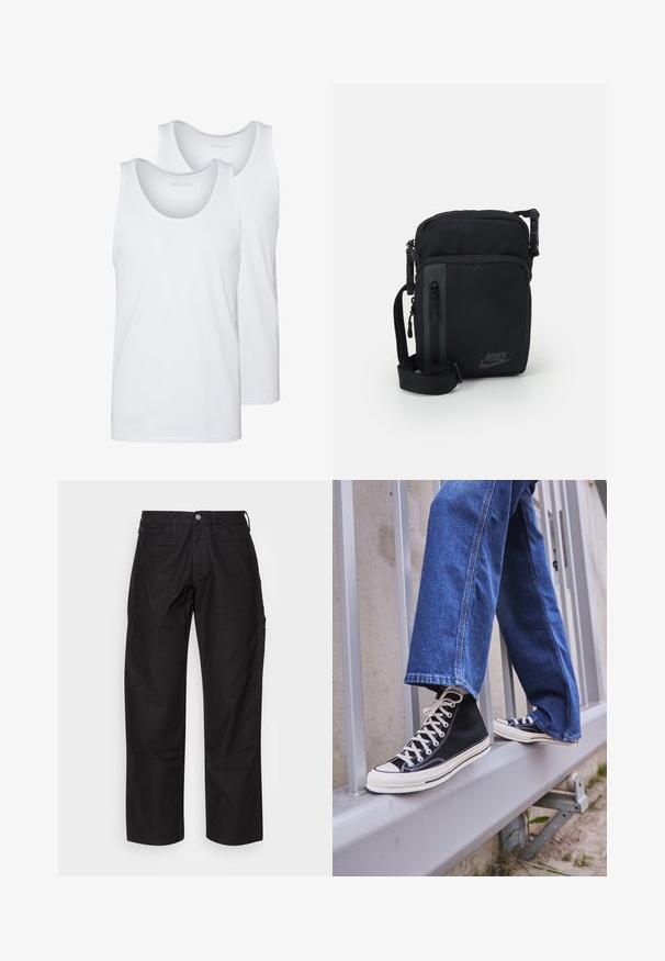Bele majice iz belega bombaža z okroglimi izrezi, ki se ponašajo z gladko teksturo. Prikazane so dve kosu, označeni z "PIER ONE."; Črne bombažne hlače s ravnim krojem, z gumbom za zapiranje in sprednjimi žepi. Gladka tekstura, brez vidnih vzorcev ali dodatkov.; Črne visoke teniske z belim podplatom in vezalkami, v kombinaciji z ohlapnimi modrimi džinsom, naslonjene na sivo ograjo.; Črn najlonov crossbody nahrbtnik z žepi na zadrgo, nastavljivim trakom in subtilnim logotipom na sprednji strani. Gladka tekstura in pravokotna oblika.