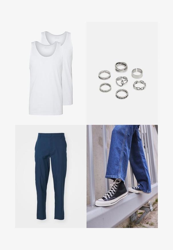 Balenie baltas kokvilnas t-kreklu ar noapaļotu dekoltē, ar gludu tekstūru. Izlikti divi gabali, apzīmēti ar "PIER ONE."; Tumši zili bikses ar gludu audumu, šaurs griezums, priekšējās kabatas un viens pogas aizdares variants jostasvietā. Nav redzamu rakstu.; Melnas augstas kedas ar baltu zoli un auklām, apvienotas ar brīvām zilām džinsām, atpūšoties uz pelēka margotā balsta.; Septi sudraba gredzeni ar dažādām dizaina iezīmēm, ieskaitot savītas, savienotas un iegravētas formas. Atšķirīgas formas un platumi.