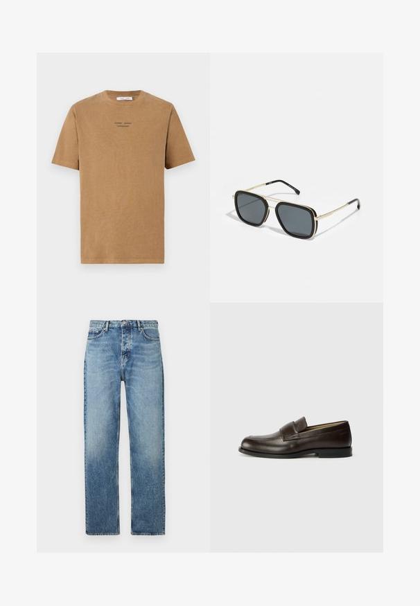 Brun bomull t-skjorte med rund hals, korte ermer og svart tekst som sier "SAMSE SAMSE COPENHAGEN" på forsiden.; Lyseblå denimjeans med rett ben-design, med standard livlinje, fem lommer og subtil falming.; Calvin Klein Slippers - cocoa brown; Svart og gull solbriller med firkantet form, metallramme, mørke grå linser og svarte temple spisser. Har dobbel bro-design.