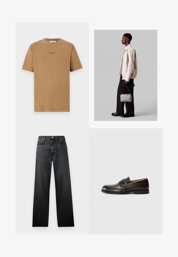 Tricou din bumbac maro, cu gât rotund, mâneci scurte și text negru care spune "SAMSE SAMSE COPENHAGEN" pe față.; Jeans din denim negru cu un design drept, având cinci buzunare și închidere cu nasture. Materialul are un ușor luciu și o textură vizibilă.; Calvin Klein Pantofi slip-on - cocoa brown; Jachetă bej deschis cu tiv elastic, asortată cu o cămașă verde și pantaloni negri. Poartă o geantă mică gri tip crossbody. Pantofi negri.