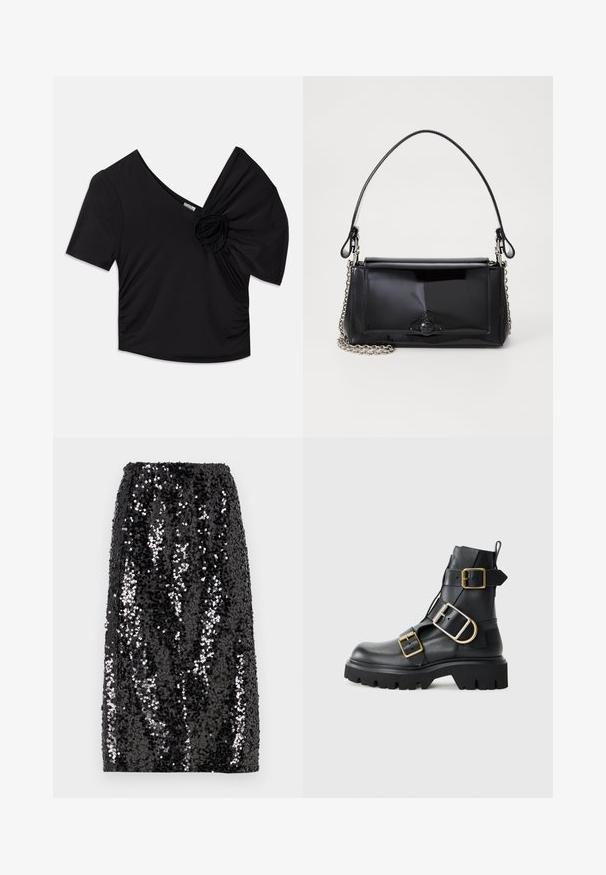Fekete, rövid ujjas blúz, mély V-kivágással és egy vállon található texturált virágos kiegészítővel, oldalt ráncolt részletekkel.; Fekete flitter szoknya, egyenes fazonnal, elasztikus derekú és sima textúrájú, különböző méretű csillogó flitterekkel a látványos kontraszt érdekében.; Fekete bőr bokacsizma vastag talppal, több pánttal és arany színű kiegészítőkkel. Simára csiszolt felület, robosztus dizájn.; Fekete lakkbőr kézitáska téglalap alakú, láncos vállpánttal és középen egy jellegzetes fém díszítéssel. Simaszerkezet.
