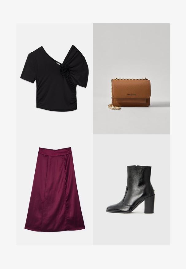 Top scurt negru cu mânecă scurtă, având un decolteu adânc în V și un accent floral texturat pe un umăr, cu detalii pliate pe lateral.; Fustă A-line din satin bordeaux cu o textură fină, având o strălucire subtilă, o talie înaltă și închidere cu fermoar la spate.; Botină din piele neagră, cu o textură netedă, vârf ascuțit și toc gros, înalt. Dispune de o deschidere laterală și un design minimalist.; Geantă crossbody din piele texturată maro, cu curea din lanț aurit și închidere cu clapetă. Partea din față prezintă detalii cu logo și o buzunar sub clapetă.