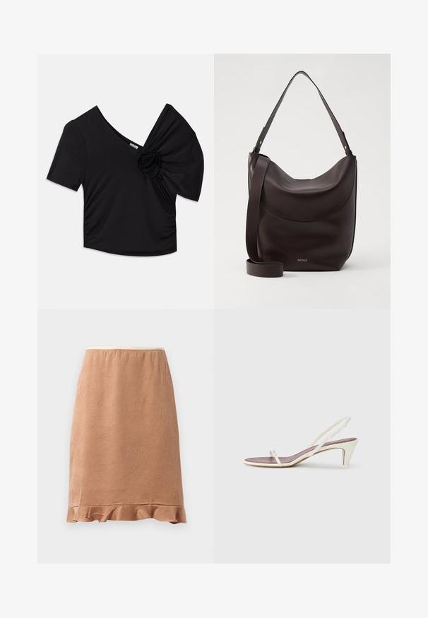Haut noir à manches courtes avec un décolleté en V profond et un accent floral texturé sur une épaule, avec des détails froncés sur le côté.; Jupe texturée marron avec un ourlet en volants, en tissu doux qui tombe légèrement, conçue avec une taille élastique pour un confort optimal.; Sandales blanches à talon léger avec des fines lanières et une texture en cuir lisse ; elles sont dotées d'une petite boucle décorative.; Sac à épaule en cuir brun foncé avec une silhouette courbée, une bandoulière réglable et un logo doré subtil. Texture lisse avec des accents minimaux.