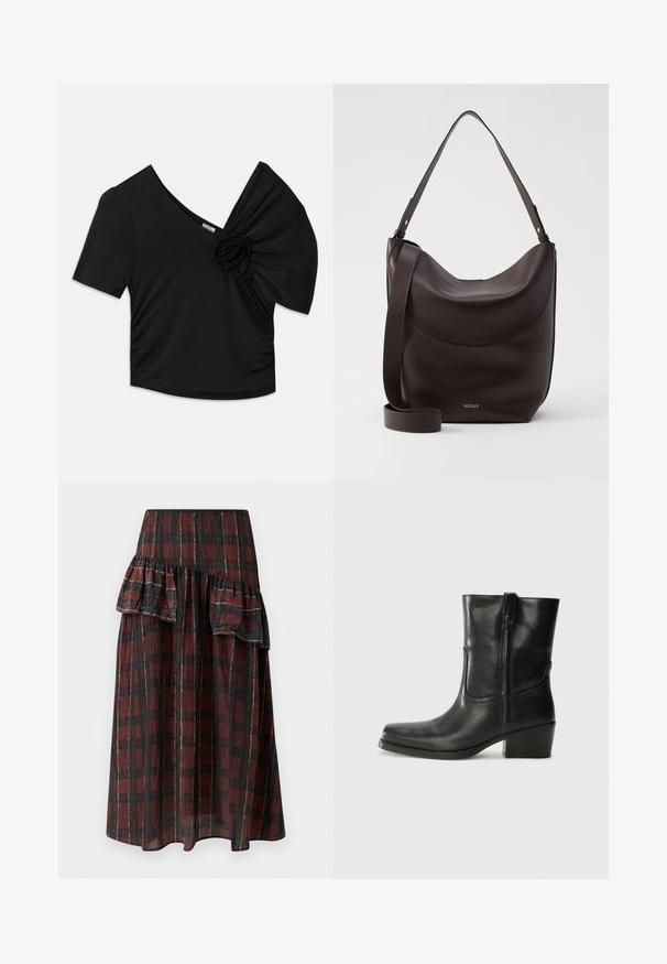 Top scurt negru cu mânecă scurtă, având un decolteu adânc în V și un accent floral texturat pe un umăr, cu detalii pliate pe lateral.; Fustă maxi cu un model carourile în tonuri de roșu închis și negru, având volane stratificate la talie, confecționată dintr-un material ușor, cu o textură moale.; Botine din piele neagră, cu vârf rotund, toc pătrat, fermoar pe lateral și accente de cusături pe partea superioară. Textură netedă, design clasic.; Geantă de umăr din piele maro închis, cu o siluetă curbată, curea ajustabilă și un logo subtil auriu. Textură netedă, cu accente minime.