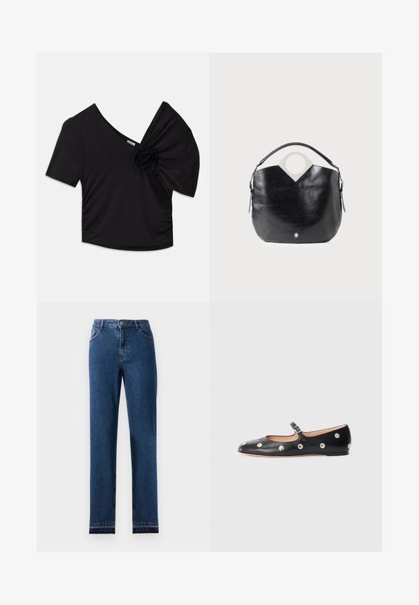 Czarna bluzka z krótkim rękawem z głębokim dekoltem w kształcie litery V oraz teksturowanym kwiatowym akcentem na jednym ramieniu, z marszczeniami po boku.; Niebianskie dżinsy z prostymi nogawkami, pięcioma kieszeniami i zapięciem na guzik. Zawierają kontrastowe szwy i lekkie wyblaknięcie.; Czarne skórzane buty typu Mary Jane na płaskim obcasie z zaokrąglonym czubkiem, ozdobione srebrnymi okrągłymi ćwiekami oraz regulowanym paskiem z klamrą.; Czarna skórzana torba o zakrzywionym kształcie, z okrągłym uchwytem na górze i srebrnym logo. Gładka tekstura i wyraźna konstrukcja z wycięciem.