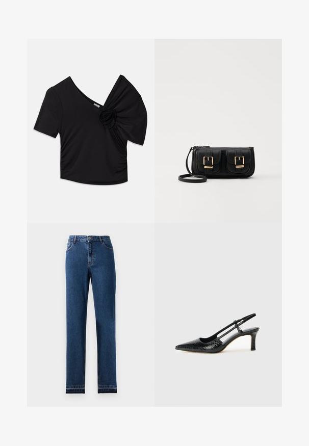 Juodas trumpomis rankovėmis viršus su giliu V formos iškirpimu ir tekstūruotu gėlių akcentu ant vieno peties bei sukauptais detalėmis šone.; Mėlyni džinsai su tiesia kojų konstrukcija, penkios kišenės ir sagčių uždarymas. Yra kontrastingas siuvinys ir šiek tiek išblukę.; Juodai lakuoti slingback aukštakulniai su smailiu nosiu, su tekstūruotu gyvatės raštu, reguliuojama juosta ir trumpu, tekstūruotu blokiniu kulnu.; Juodas odinis per petį nešiojamas krepšys su dviem priekiniais kišenėmis, auksiniais sagtimis, užtrauktuko uždarymu ir siauromis petnešomis. Textūruota paviršius ir kompaktiškas stačiakampis formatas.