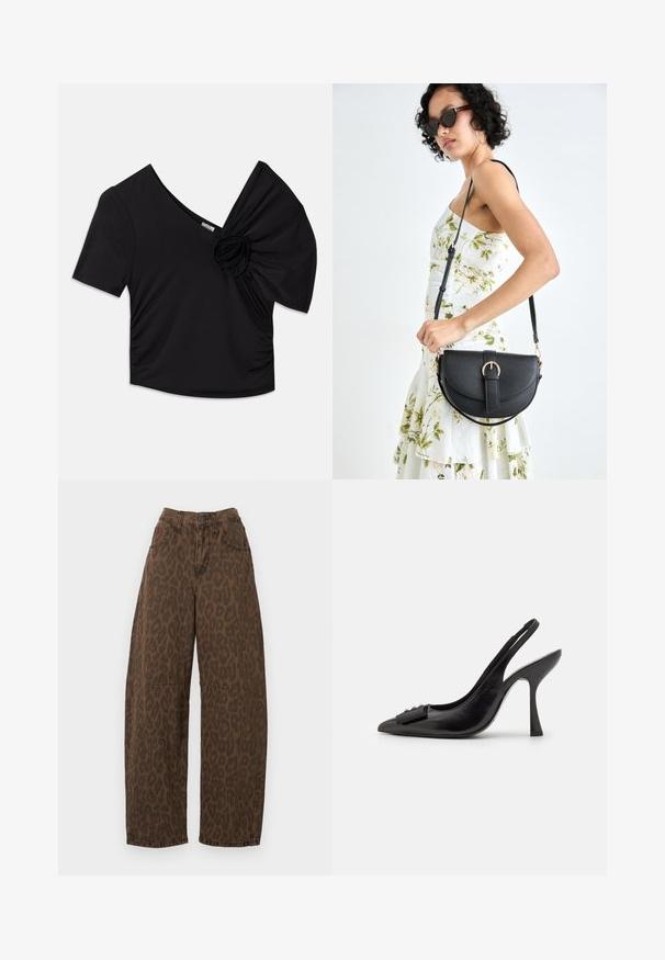 Black short-sleeve top featuring a deep V-neck and a textured floral accent on one shoulder with gathered detailing on the side.; Brown leopard print wide-leg jeans with a high waist, button closure, and two front pockets. Made from denim fabric with a smooth texture.; Black leather slingback shoe with a pointed toe, slim high heel, and a decorative bow accent. Smooth texture and sleek design.; Black leather handbag with a curved shape, detachable strap, and gold hardware. The bag features a flap with a buckle detail.