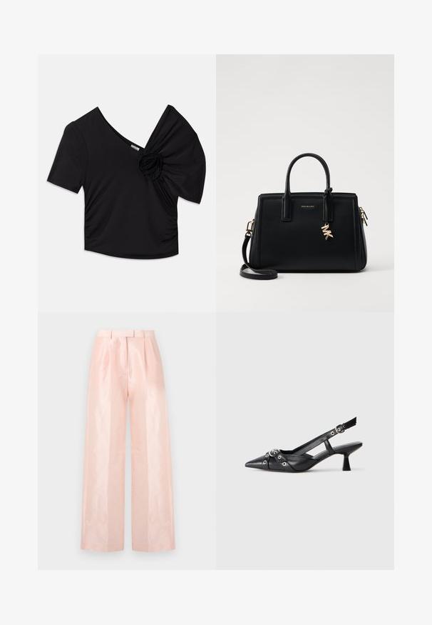 Must have lühikesed varrukad must särk, millel on sügav V-kaelus ja tekstuuriga lillede aksent ühel õlal, lisaks on külgedel kogumise detail.; Soe roosa kõrge puusaga laiad püksid, millel on sile, läikiv tekstuur, voldid esiküljel ja sobiv vöö.; Must must have must toote tõmblukuga, dekoratiivsed rihmad metallist silmadega ja madal blokk-kand. Tekstureeritud pind.; Musta nahast käekott struktureeritud disainiga, kahekordsete ülemiste käepidemetega, eemaldatav õlavööt, kuldne riistvara ja logotäht aktsent.