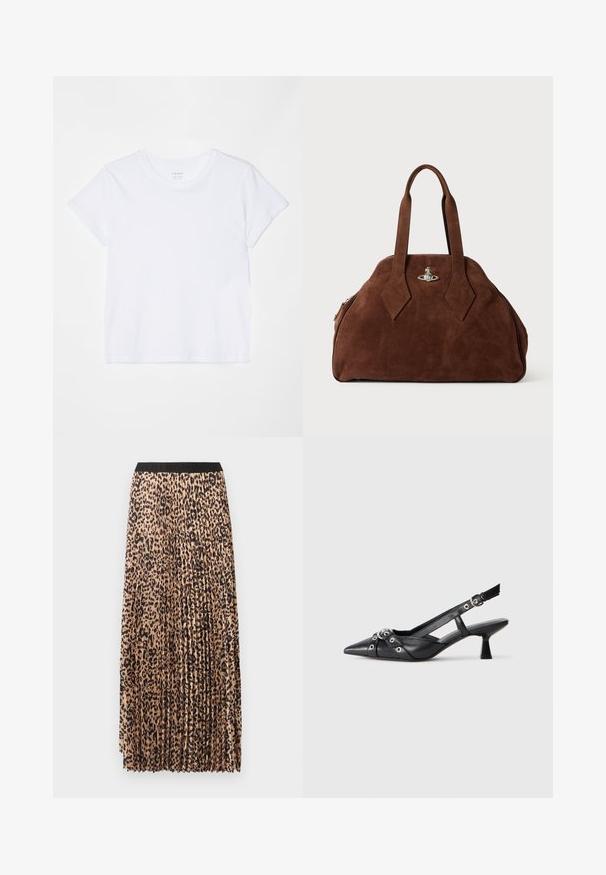 FRAME BABY TEE - Basic póló - white; Beige színű, fekete leopárd mintás, plissé maxi szoknya, fekete elasztikus derékkal és könnyű, texturált anyagból készült.; Fekete bőr slingback cipő hegyes orral, dekoratív pántokkal, fém szemekkel és alacsony blokk sarkú. Texturált felület.; Barna velúr kézi táska, strukturált formával, kerek testtel és megnyújtott gyémánt alakú fogantyúkkal. Ezüst színű záródással rendelkezik.