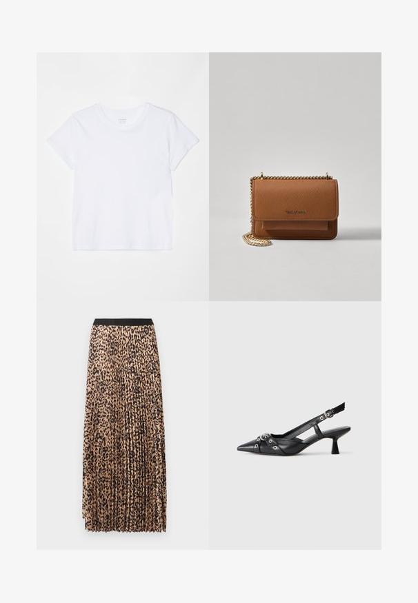 FRAME BABY TEE - Tricou basic - white; Fustă maxi pliată în bej, cu un model de imprimeu leopar black, având un brâu elastic negru și un material ușor, texturat.; Pantofii slingback din piele neagră, cu vârful ascuțit, curele decorative cu ochiuri din metal și toc bloc mic. Suprafață texturată.; Geantă crossbody din piele texturată maro, cu curea din lanț aurit și închidere cu clapetă. Partea din față prezintă detalii cu logo și o buzunar sub clapetă.