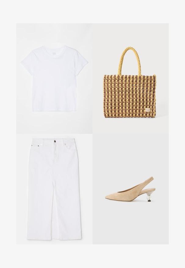 FRAME BABY TEE - Basic T-shirt - white; White denim skirt with a straight cut, front slit, five-pocket design, metal button and rivets, and frayed hem detail at the bottom.; Beige suede slingback shoe with a pointed toe and a transparent, rounded heel. Smooth texture and minimalist design.; Woven bag in brown and yellow, featuring a rectangular shape, two handle straps, and a textured finish with visible stitching and a brand tag.
