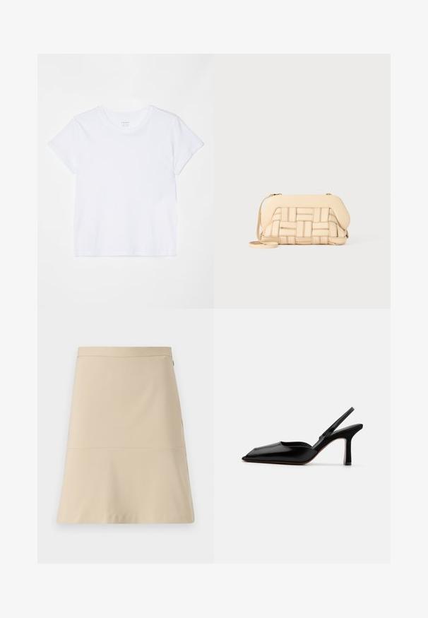 FRAME BABY TEE - Tricou basic - white; Fustă bej cu un design evazat, textură netedă și un detaliu cu cusătură orizontală în jurul secțiunii medii. Dispune de un fermoar lateral.; Sandale din piele neagră cu toc, cu vârf ascuțit, design minimalist, curea subțire la gleznă și toc subțire elegant. Textură netedă.; Geantă bej țesută cu un design structurat, având un capac neted și o curea lungă. Detaliile texturate îmbunătățesc aspectul general.