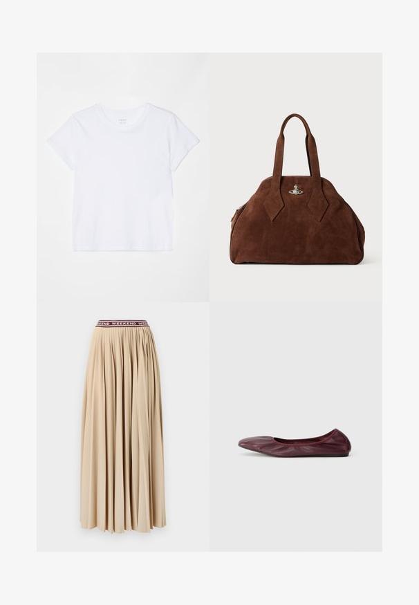 FRAME BABY TEE - Pamata T-krekls - white; Pleated maksi svārki mīkstā bēšā audumā, ar bordo krāsas elastīgu jostu, kurā atkārtoti rakstīts "WEEKEND". Nav redzamu aizdaru.; Sieviešu baleta kurpes dziļā burgundijas ādas krāsā, ar noapaļotu purngali, elastīgu maliņu un gludu tekstūru ar smalkiem krokām.; Brūns zamšādas rokassoma ar strukturētu formu, noapaļotu korpusu un pagarinātām dimanta formas rokturiem. Aprīkota ar sudraba krāsas aizdari.