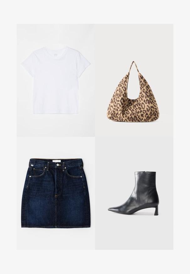 FRAME BABY TEE - Jednoduché tričko - white; Tmavě modrá džínová sukně s pěti kapsami, zlatým prošitím a klasickým střihem. Obsahuje zapínání na knoflík a poutka na pásek.; Černé kožené kotníkové boty s špičatou špičkou a elegantním designem. Mají nízký podpatek a zipové zapínání na zadní straně. Hladká textura.; Taška s leopardím vzorem vyrobená z měkkého materiálu, s jedinečným trojúhelníkovým tvarem a velkým otevřeným držadlem a hladkým povrchem.