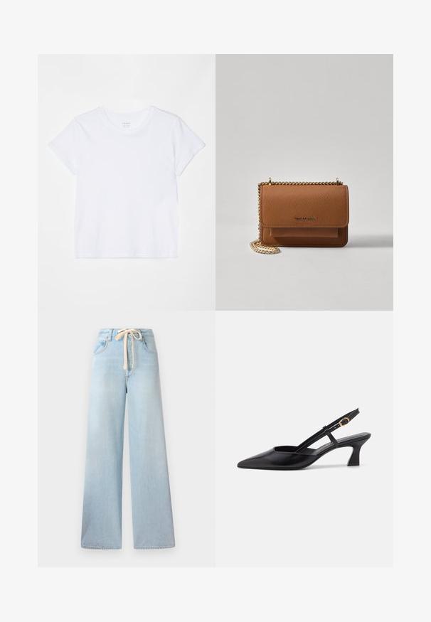 FRAME BABY TEE - Lihtne T-särk - white; Heledad helesinised teksad, mis on valmistatud denimist, joontega ning kohustusliku viie tasku kujundusega, minimaalse kulumisega.; Must musta slingback king, mille terava varvas, madal konts ja reguleeritav rihm, mille aktsendiks on kuldne rõngas. Sile tekstuur ja minimalistlik disain.; Pruun tekstureeritud nahk ristkeha kott kuldse ahelaga rihmaga ja klapiga sulgemine. Esiküljel on logo detail ja tasku klapi all.