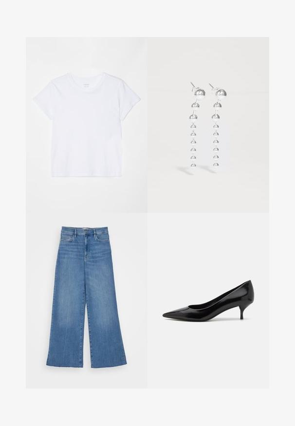 FRAME BABY TEE - T-Shirt basic - white; FRAME PALAZZO RAW FRAY - Wide Leg - clearwater; Schwarzer Lackleder-High-Heel-Schuh mit spitzem Zeh und niedrigem Stiletto-Absatz. Glatte Textur und minimalistisches Design, keine sichtbaren Muster oder Akzente.; Silberne Anhängerohrringe mit einer Reihe von sphärischen Perlen in wechselnden Größen. Polierte Oberfläche mit einem schlanken, modernen Design.