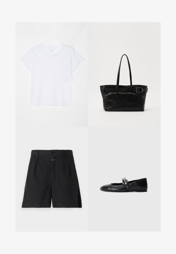 FRAME BABY TEE - Camiseta básica - white; CLOSED REVYL - Shorts vaqueros - black; Mocasines de ballet de cuero negro con punta afilada, que cuentan con una correa con un cinturón metálico circular y una suela plana.; Bolso tote de cuero negro con dos asas largas, textura suave y una correa ancha con detalle de hebilla en la parte superior.