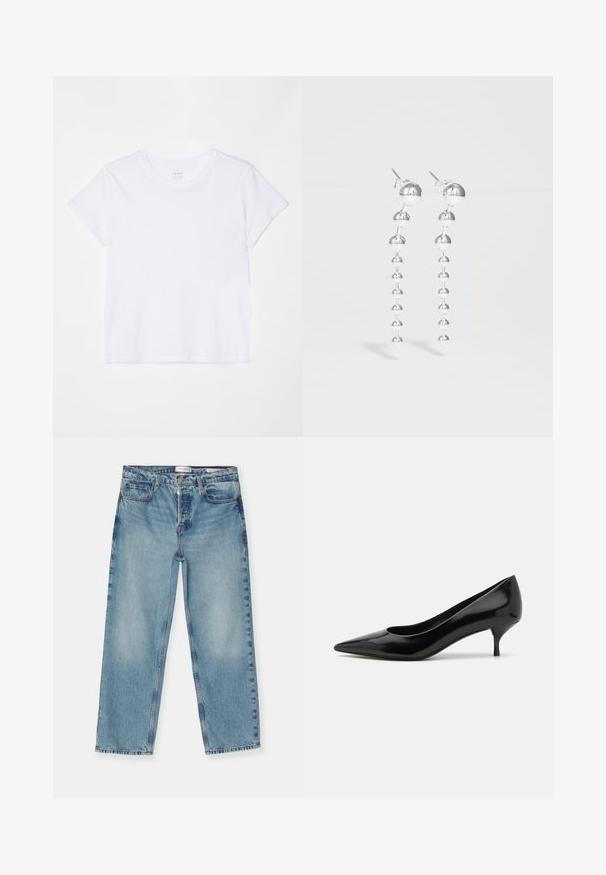 FRAME BABY TEE - T-shirt basique - white; Jean droit bleu clair avec une finition délavée, comportant cinq poches, des passants de ceinture et une fermeture à glissière. Matériau en denim de coton.; Chaussure à talon haut en cuir verni noir avec un bout pointu et un talon stiletto bas. Texture lisse et design minimaliste, sans motifs ni accents visibles.; Boucles d'oreilles pendantes en argent comportant une série de perles sphériques de tailles alternées. Fini poli avec un design élégant et moderne.