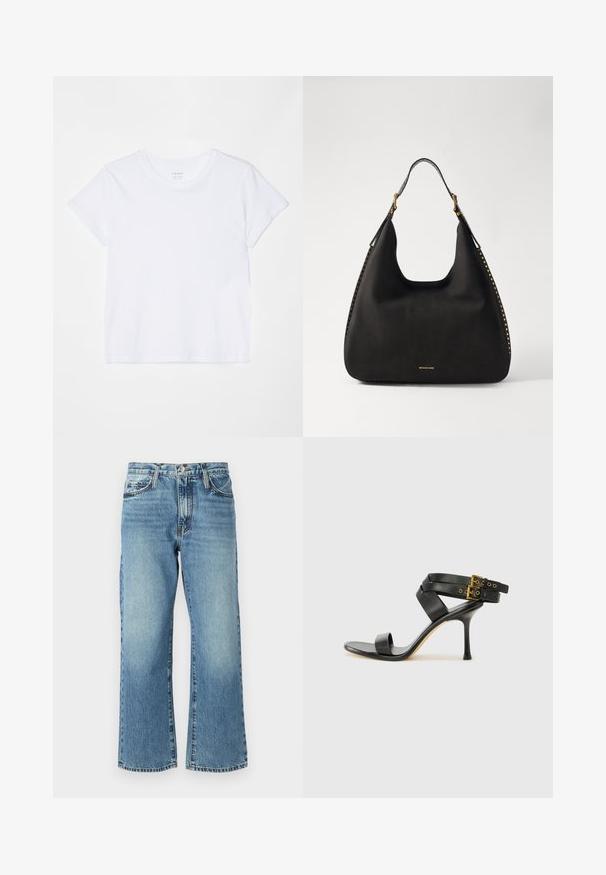 FRAME BABY TEE - Osnovna majica kratkih rukava - white; Svijetloplave traperice širokog kroja, s pet džepova i kopčanjem na gumbe. Tkanina ima blago izblijeli izgled i klasičnu teksturu.; Crne sandale s petom sa preklapanim trakama i podesivim kopčanjem. Imaju glatku teksturu i suženi stiletto potplat.; MICHAEL Michael Kors NOLITA HOBO  - Ručna torba - black