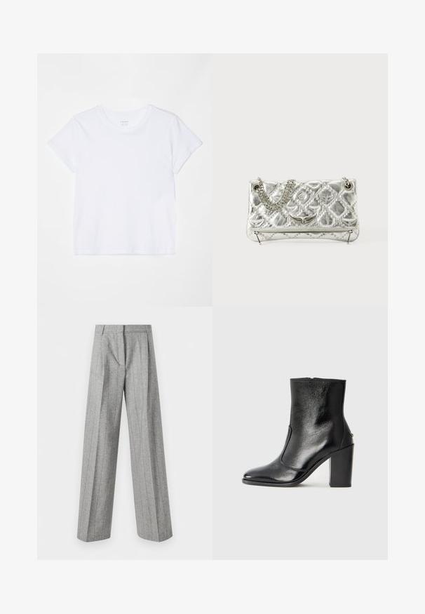 FRAME BABY TEE - T-shirt básica - white; Calças cinzentas de cintura alta com riscas verticais e pernas largas e retas, exibidas contra um fundo branco.; Bota ankle preta em pele com uma textura suave, bico fino e um salto alto robusto. Apresenta uma abertura lateral e um design minimalista.; Bolsa metálica prateada com pega de corrente, textura acolchoada, costura decorativa e fecho com ziper. Apresenta detalhes em relevo na parte frontal.