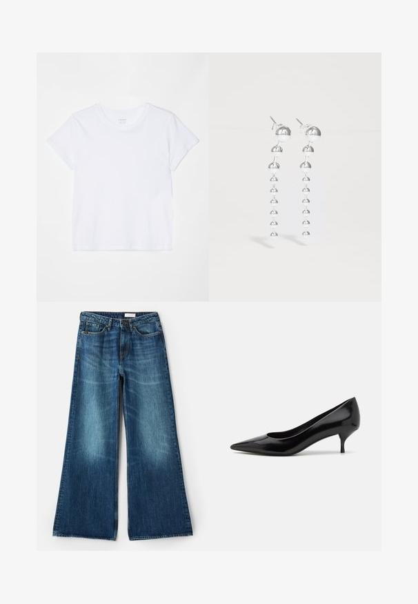 FRAME BABY TEE - Paprasti marškinėliai - white; Tiger of Sweden KINNE - Platėjantys džinsai - medium blue; Juodas lakuotas aukštakulnis batelis su smailiu pirštu ir žemu stiletu. Lygus paviršius ir minimalistiškas dizainas, be matomų raštų ar akcentų.; Sidabrinės kabantys auskarai, kuriuose yra serija sferinių karoliukų, keičiantis dydžiais. Poliruotas paviršius su elegantišku, moderniu dizainu.