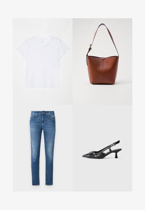FRAME BABY TEE - Paprasti marškinėliai - white; Lieknos žemos džinsinės kelnės šviesiai mėlynos spalvos. Turi klasikinę penkių kišenių struktūrą, sagčių užsegimą ir švelnų nusidėvėjimą. Tiesus kojų kirpimas apačioje.; Juodas odinis slingback tipo batai su smailiu priekiniu atvartu, dekoratyvinėmis sagtimis su metaliniais akyčiais ir žemu blokiniu kulnu. Saldus paviršius.; Ruda odinė petinė rankinė su kreivam formu, lygia tekstūra ir viena plona juosta. Yra švelni siūlė ir mažas logotipo elementas.