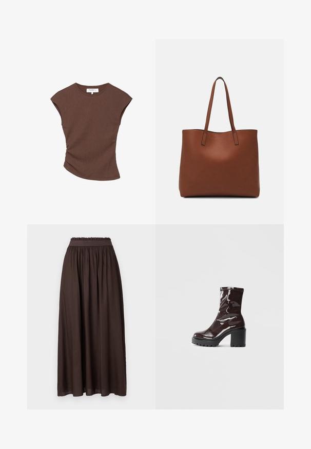 Smeđi rebrasti top kratkih rukava s lagano zakrivljenim rubom. Mekana tekstura i opušteni kroj, s okruglim izrezom i minimalnim šavovima.; Smeđa suknja do članaka od glatkog materijala. Elastična talija s nabranom teksturom, koja pruža opušteni kroj. Jednostavan dizajn, bez uzoraka.; Sjajna burgundska čizma do gležnja s debelim crnim potplatom, koja se odlikuje glatkom teksturom i jednostavnim dizajnom. Nema vidljivih kopčanja ili uzoraka.; Smeđa kožna torba preko ramena s glatkom teksturom, otvorenim vrhom i dvjema naramenicama. Ima minimalne šavove i nema vidljivog hardvera.