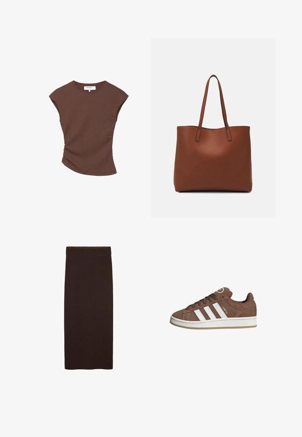 Smeđi rebrasti top kratkih rukava s lagano zakrivljenim rubom. Mekana tekstura i opušteni kroj, s okruglim izrezom i minimalnim šavovima.; Smeđa pletena midi suknja s tijelu prianjajućim krojem, glatkom teksturom, bez vidljivih uzoraka te jednostavnim, čistim dizajnom bez ukrasa.; Smeđe nubuk tenisice s bijelim kožnim prugama, gumeni potplat, okrugli nos i vezanje sprijeda. Imaju logo na jeziku i perforirane detalje.; Smeđa kožna torba preko ramena s glatkom teksturom, otvorenim vrhom i dvjema naramenicama. Ima minimalne šavove i nema vidljivog hardvera.