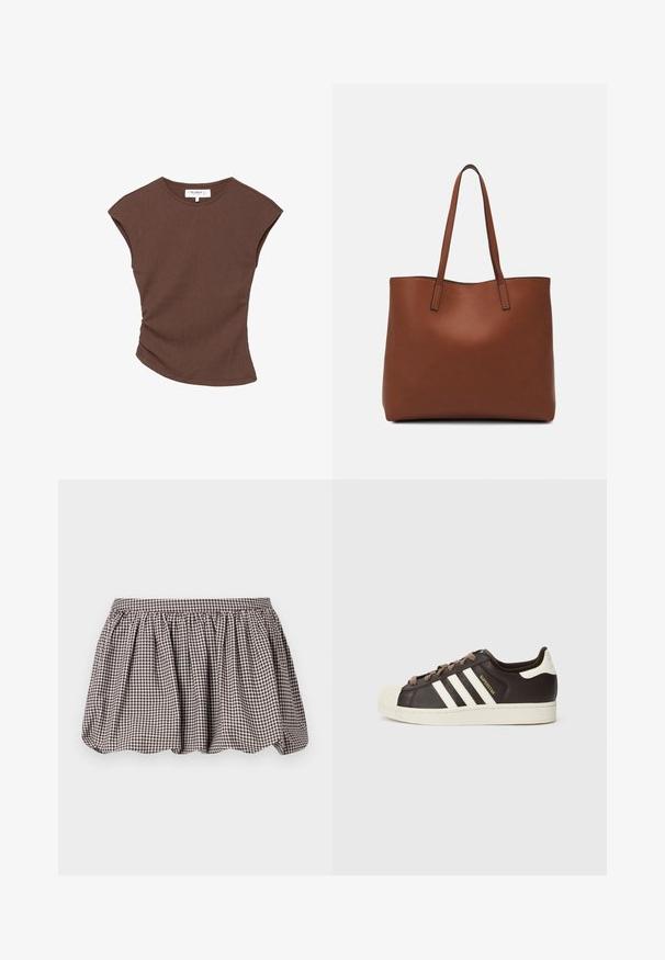 Barna bordázott, rövid ujjú felső enyhén ívelt szegéllyel. Puha tapintású és laza fazonú, kerek nyakkivágással és minimális varrásokkal.; Barna és fehér kockás A-vonalú szoknya, gyűrt derékkal, könnyű anyagból, finom textúrált mintával.; Sötétbarna bőr alacsony szárú Adidas Superstar sportcipő krémszínű kagyló orral, fehér csíkokkal és "Superstar" felirattal az oldalon.; Barna bőr vászontáska sima textúrával, nyitott tetejű dizájnnal és két vállpánttal. Minimális varrással és látható hardver nélkül készült.