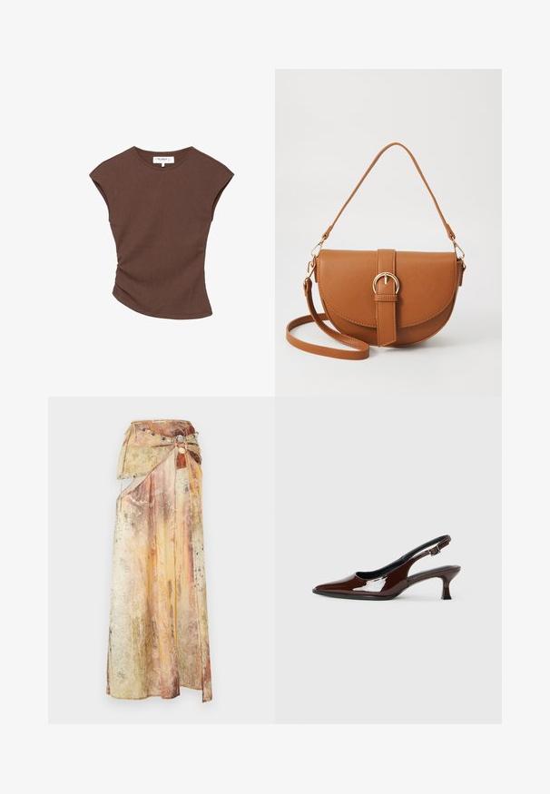 Brown ribbed short-sleeve top with a slightly curved hemline. Soft texture and relaxed fit, featuring a round neckline and minimal seams.; Long, draped skirt made of layered, textured fabric in warm tones of yellow, orange, and brown. Features a decorative beaded belt.; Brown patent leather slingback shoe with a pointed toe and a moderate heel. Features a buckle strap for secure fit. Smooth texture.; Brown leather crossbody bag with a curved shape, gold hardware, and a buckle accent. Features a detachable shoulder strap.