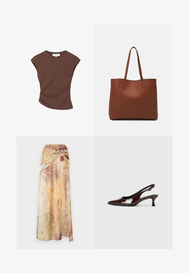 Brown ribbed short-sleeve top with a slightly curved hemline. Soft texture and relaxed fit, featuring a round neckline and minimal seams.; Long, draped skirt made of layered, textured fabric in warm tones of yellow, orange, and brown. Features a decorative beaded belt.; Brown patent leather slingback shoe with a pointed toe and a moderate heel. Features a buckle strap for secure fit. Smooth texture.; Brown leather tote bag with a smooth texture, open top design, and two shoulder straps. Features minimal stitching and no visible hardware.