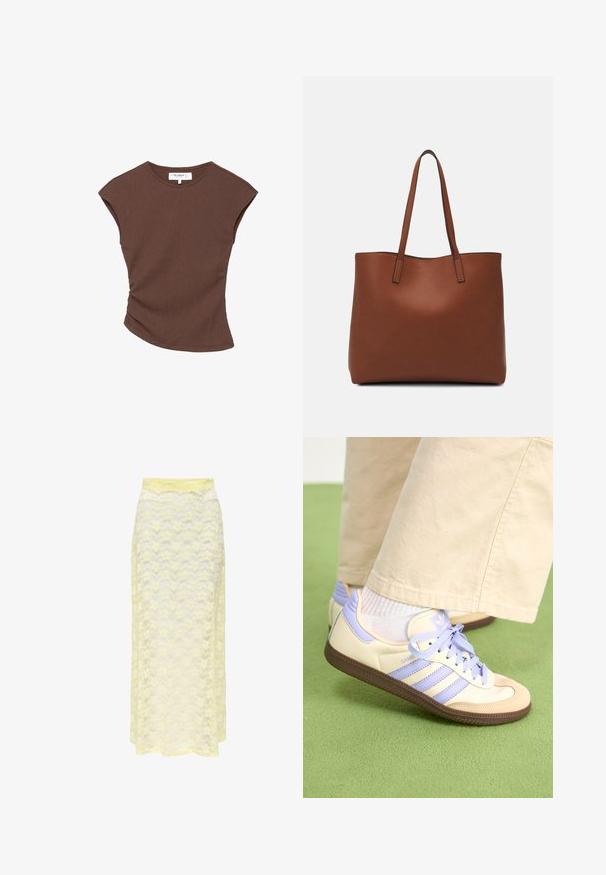 Bruine geribbelde t-shirt met korte mouwen en een licht gebogen zoom. Zachte textuur en een relaxte pasvorm, met een ronde halslijn en minimale naden.; Geel kanten maxi rok met een golvend patroon, voorzien van een gladde tailleband en een zachte, doorschijnende textuur. Ontworpen voor een vloeiende silhouet.; Crème- en lavendel-sneakers met drie strepen en een gestructureerde bruine zool, voorzien van veters en een gewatteerde hiel. Zachte stoffen bovenkant.; Bruine leren tote bag met een gladde textuur, een ontwerp met een open bovenkant en twee schouderbanden. Kenmerkt zich door minimale stiksels en geen zichtbare hardware.