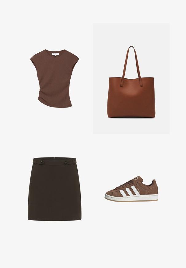 Brun ribbet kortærmet top med en let buet kant. Blød tekstur og afslappet pasform, med rund halsudskæring og minimale sømme.; Brun mini nederdel lavet af glat stof. Har en tætsiddende talje med to knapper foran. Enkelt design, ingen mønstre eller yderligere detaljer.; Brune ruskinds sneakers med hvide læderstriber, gummisål, rund tå og snørebåndsfront. Har et logo på tungen og perforerede detaljer.; Brun læder tote taske med en glat overflade, åben topdesign og to skulderremme. Har minimal syning og ingen synlig hardware.