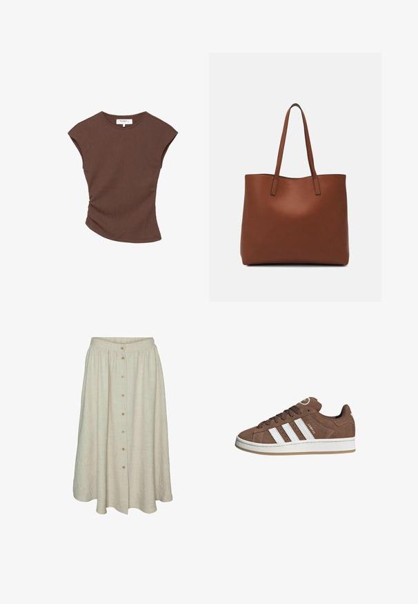 Ruskea ribbipintainen lyhythihainen paita, jossa on hieman kaareva helma. Pehmeä rakenne ja rento istuvuus, jossa on pyöreä pääntie ja vähäiset saumat.; Hame khakiväri, polven pituinen, rakenteellisesta kankaasta, napilla edessä, joustovyötäröllä ja aaltoilevalla muotoilulla.; Valkoiset nahkareunat ja ruskeat samettikankaiset tennarit, joissa on kumipohja, pyöreä kärki ja nauhakiinnitys edessä. Kengissä on logo kielekkeessä ja rei'itettyjä yksityiskohtia.; Ruskea nahkainen olkalaukku, jossa on sileä pinta, avoin yläosa ja kaksi olkahihnaa. Omaavat vain minimaalisen ompelun eikä näkyvää metalliosaa.