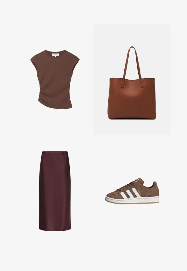 Top corto a maniche corte marrone a coste con orlo leggermente curvato. Texture morbida e vestibilità rilassata, presenta un collo rotondo e cuciture minime.; Gonna a tubino in satin bordeaux con una consistenza liscia, design a lunghezza media e una silhouette aderente, caratterizzata da una leggerissima lucentezza.; Sneakers in suede marrone con strisce in pelle bianca, suola in gomma, punta rotonda e lacci. Presentano un logo sulla linguetta e dettagli perforati.; Borsa tote in pelle marrone con texture liscia, design con apertura superiore e due spallacci. Presenta cuciture minime e nessun hardware visibile.