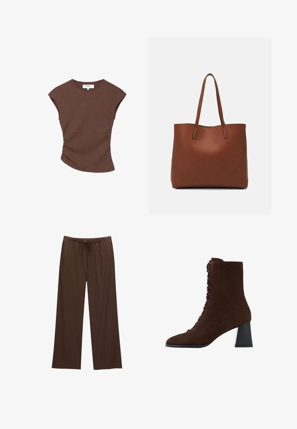 Top corto a maniche corte marrone a coste con orlo leggermente curvato. Texture morbida e vestibilità rilassata, presenta un collo rotondo e cuciture minime.; Pantaloni larghi marroni realizzati in tessuto morbido, con vita elastica e cordoncino, e due tasche laterali.; Stivale alla caviglia in suede marrone con punta affusolata, chiusura con lacci frontale e tacco a blocco. Il tacco presenta un accento testurizzato nero.; Borsa tote in pelle marrone con texture liscia, design con apertura superiore e due spallacci. Presenta cuciture minime e nessun hardware visibile.