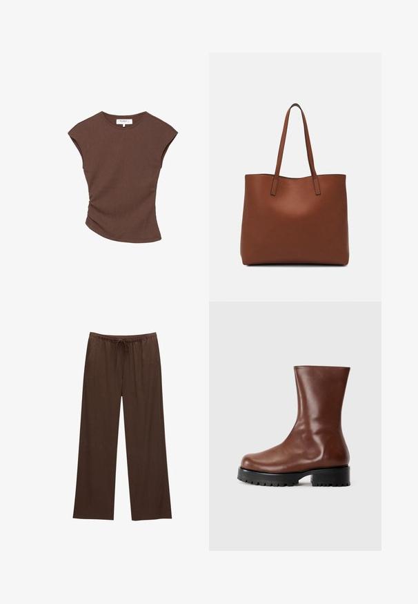 Barna bordázott, rövid ujjú felső enyhén ívelt szegéllyel. Puha tapintású és laza fazonú, kerek nyakkivágással és minimális varrásokkal.; Barna, bőszárú nadrág, puha anyagból készülve, rugalmas derékkal és húzózárral, valamint két oldalsó zsebbel.; Barna, vádli középig érő bőr csizma lekerekített orral, vastag fekete profilos talppal és tömb sarkával, sima világos háttér előtt.; Barna bőr vászontáska sima textúrával, nyitott tetejű dizájnnal és két vállpánttal. Minimális varrással és látható hardver nélkül készült.