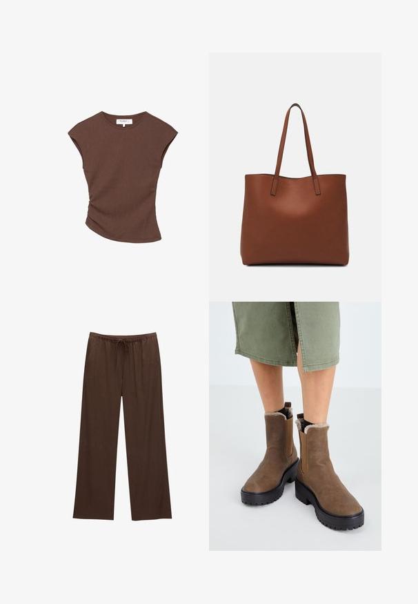 Top scurt cu maneci, de culoare maro, cu o linie a tivului ușor curbată. Textură moale și croi lejer, având un decolteu rotund și cusături minimale.; Pantaloni largi maro, confecționați dintr-un material moale, echipați cu un talie elastică cu șnur și două buzunare laterale.; Botine din piele maro, cu talpă din cauciuc, căptușeală pufoasă și inserții elastice pe laterale. Au un toc jos și o textură netedă.; Geantă de umăr din piele maro cu o textură netedă, design cu vârf deschis și două curele pentru umăr. Prezintă cusături minime și fără componente metalice vizibile.