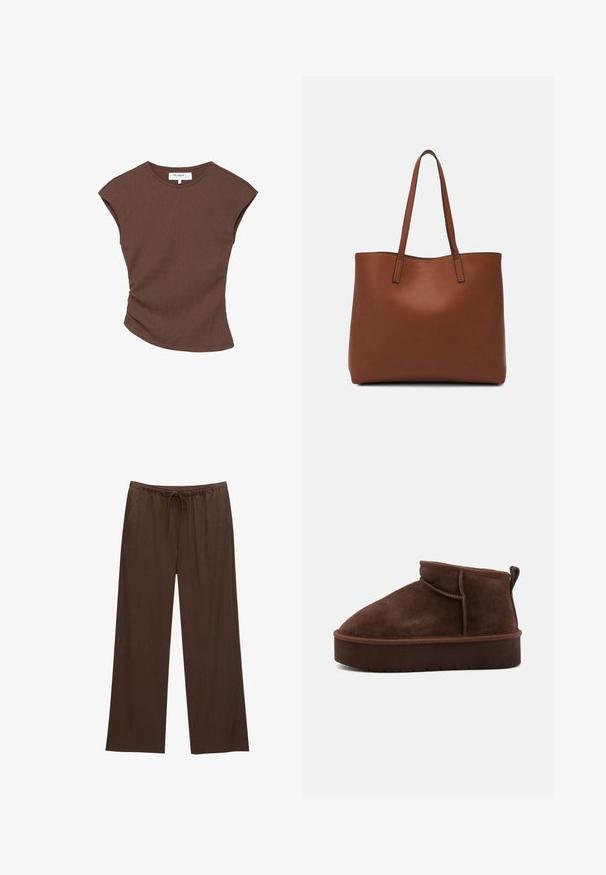 Brun ribbad kortärmad topp med en lätt rundad nederkant. Mjuk textur och avslappnad passform, med rund halsringning och minimala sömmar.; Bruna vida byxor i mjukt tyg, med resårmidja och dragsko samt två sidofickor.; Bruna mockakängor med rundad tå, mjuk textur och en tjock plattformssula. Har en subtil sömdetalj och en dragflik bak.; Brun läder tote-väska med en slät textur, öppen toppdesign och två axelremmar. Har minimal söm och ingen synlig metalldetalj.