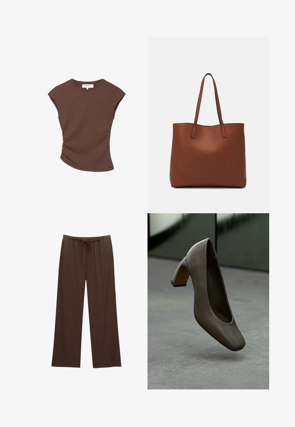 Top scurt cu maneci, de culoare maro, cu o linie a tivului ușor curbată. Textură moale și croi lejer, având un decolteu rotund și cusături minimale.; Pantaloni largi maro, confecționați dintr-un material moale, echipați cu un talie elastică cu șnur și două buzunare laterale.; Pantof cu toc înalt din piele de culoare verde măsliniu închis, cu vârf pătrat și toc drept, plutind deasupra unei podele din beton gri, cu un fundal verde neclar.; Geantă de umăr din piele maro cu o textură netedă, design cu vârf deschis și două curele pentru umăr. Prezintă cusături minime și fără componente metalice vizibile.