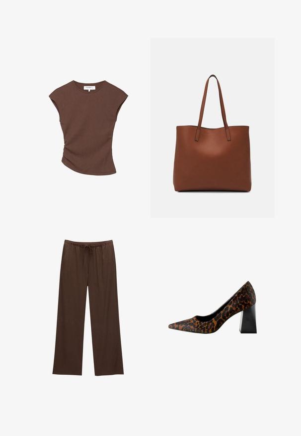 Bruine geribbelde t-shirt met korte mouwen en een licht gebogen zoom. Zachte textuur en een relaxte pasvorm, met een ronde halslijn en minimale naden.; Bruine wijde broek gemaakt van zachte stof, met een elastische tailleband en een trekkoord, en twee zijzakken.; Damespomp met spitse neus met bovenkant in bruine en zwarte luipaardprint en een dikke, zwarte blokhak tegen een witte achtergrond.; Bruine leren tote bag met een gladde textuur, een ontwerp met een open bovenkant en twee schouderbanden. Kenmerkt zich door minimale stiksels en geen zichtbare hardware.