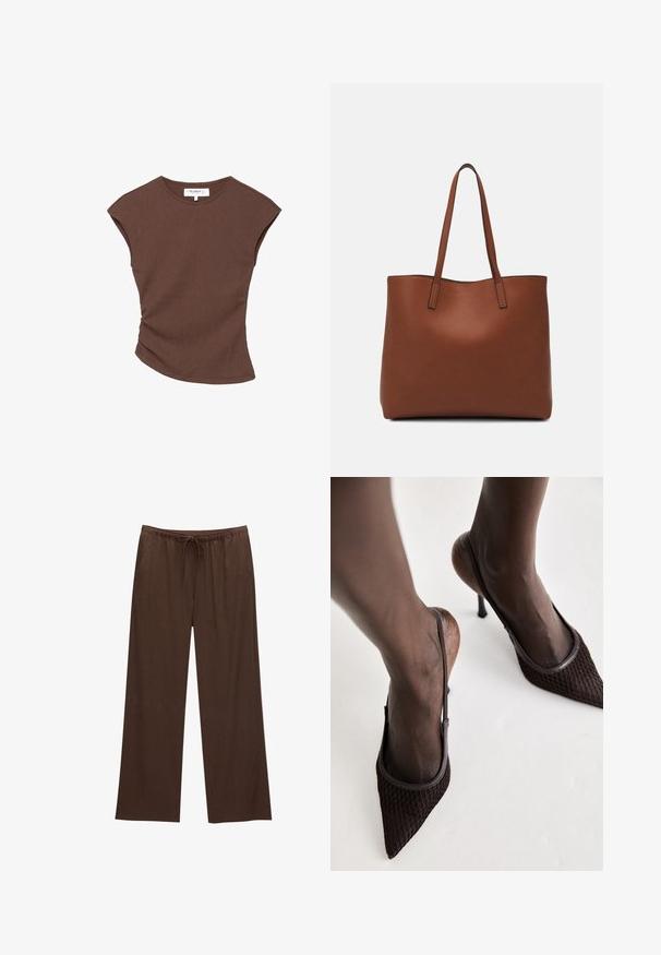 Smeđi rebrasti top kratkih rukava s lagano zakrivljenim rubom. Mekana tekstura i opušteni kroj, s okruglim izrezom i minimalnim šavovima.; Smeđe široke hlače izrađene od mekanog materijala, s elastikom u struku i vezicom te dva bočna džepa.; Smeđe salonke s špicastim prstima koje se odlikuju teksturiranom mrežicom, slingback dizajnom i tankim štiklama, postavljene na neutralnu pozadinu.; Smeđa kožna torba preko ramena s glatkom teksturom, otvorenim vrhom i dvjema naramenicama. Ima minimalne šavove i nema vidljivog hardvera.