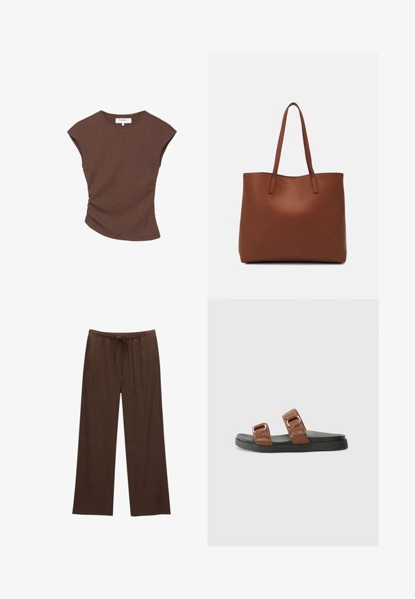Braun geripptes kurzärmliges Oberteil mit leicht geschwungenem Saum. Weiche Textur und lässige Passform, mit rundem Halsausschnitt und minimalen Nähten.; Braune weite Hosen aus weichem Stoff, mit einem elastischen Bund und Kordelzug sowie zwei Seitentaschen.; Braune Leder-Sandalen mit Riemen verfügen über zwei breite Riemen mit goldfarbener Hardware und ruhen auf einer strukturierten schwarzen Gummisohle.; Braune Leder-Tote mit glatter Textur, offenem Oberteil und zwei Schulterriemen. Verfügt über minimale Nähte und keine sichtbaren Beschläge.