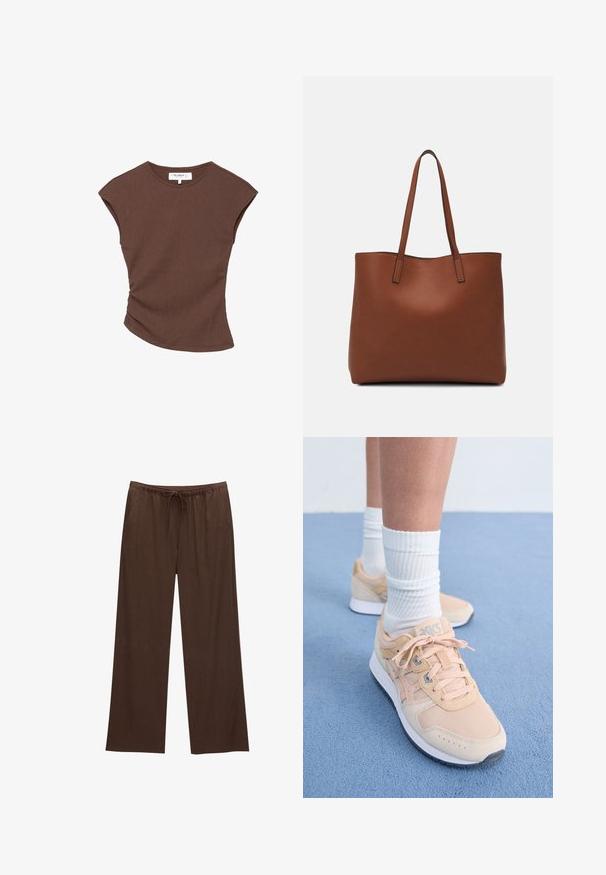 Hnedý rebrovaný top s krátkym rukávom a mierne zakriveným lemom. Mäkkučký materiál a voľný strih, s okrúhlym výstrihom a minimálnymi švami.; Hnedé nohavice s širokými nohavicami vyrobené z mäkkej tkaniny, so sťahovacím pásom a dvomi bočnými vreckami.; Svetlo broskyňové atletické topánky s textilným zvrškom, bielou gumovou podrážkou a viazaním. Skombinované s rebrovanými bielymi ponožkami a umiestnené na modrom povrchu.; Hnedá kožená taška na rameno s hladkou textúrou, otvoreným vrchom a dvoma ramenými popruhmi. Má minimálne šitia a žiadne viditeľné kovania.