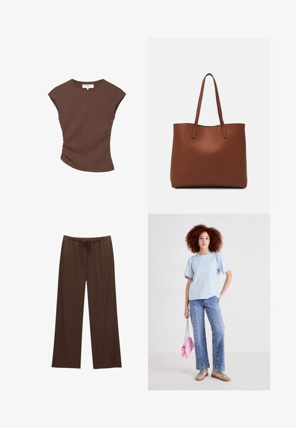 Top corto a maniche corte marrone a coste con orlo leggermente curvato. Texture morbida e vestibilità rilassata, presenta un collo rotondo e cuciture minime.; Pantaloni larghi marroni realizzati in tessuto morbido, con vita elastica e cordoncino, e due tasche laterali.; T-shirt di cotone blu chiaro con maniche a palloncino corte, abbinato a jeans in denim a vita alta. La modella tiene in mano una piccola borsa rosa con tracolla a catena.; Borsa tote in pelle marrone con texture liscia, design con apertura superiore e due spallacci. Presenta cuciture minime e nessun hardware visibile.